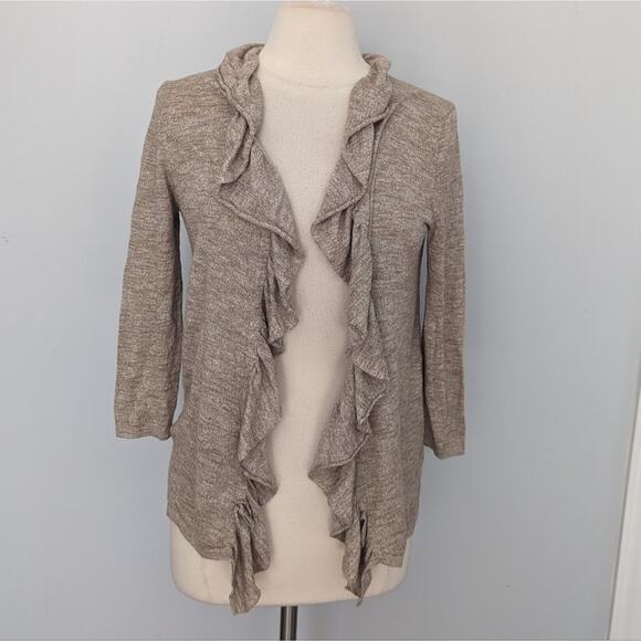 Women's Lafayette 148 Linen Blend Tan Khaki Ruffle Cardigan Small - Picture 1 of 8